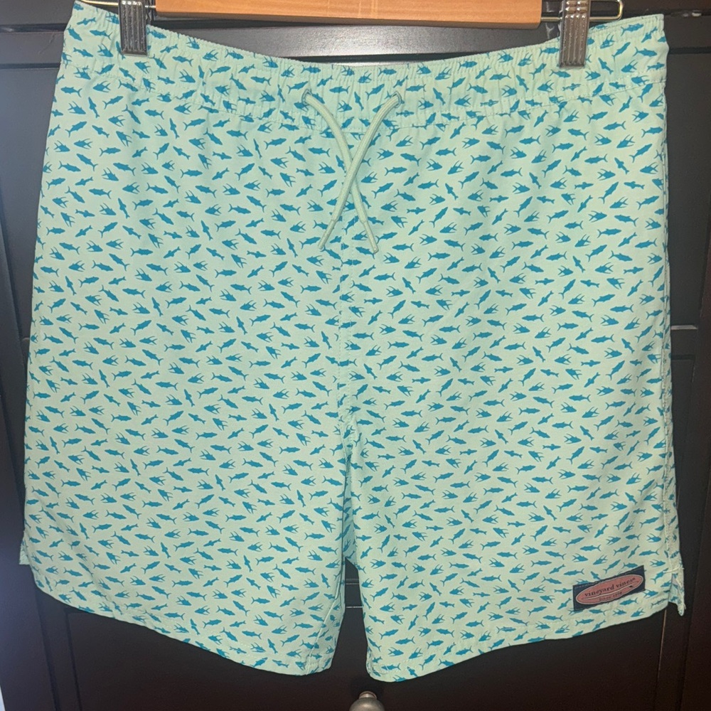 Vineyard Vines Kids Swim Trunks - Light Green with Blue Shark Pattern
